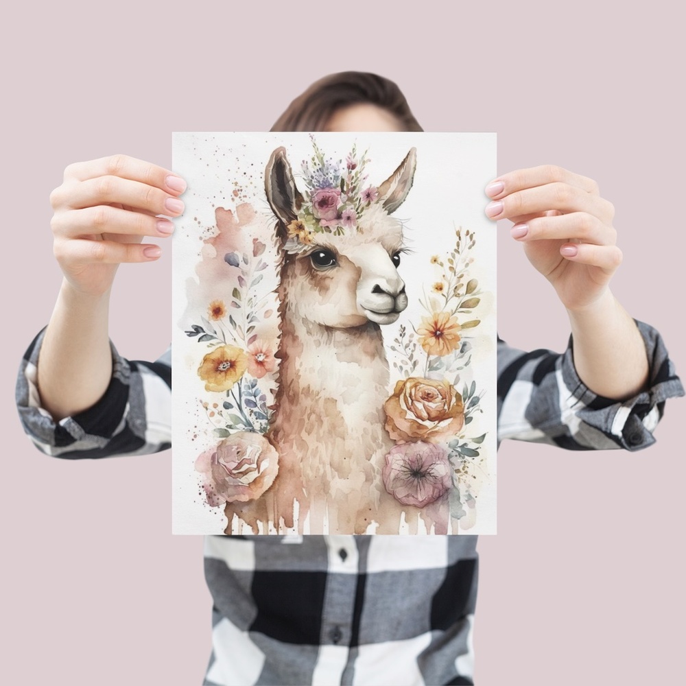Watercolor Cute Floral Llama Wall Art Illustration Print Poster Card Unframed - Picture 4 of 6